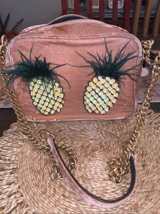 Kurt Geiger Handbags - Kurt Geiger Velvet Pineapple Appliqué Crossbody Bag - Tan Beige Purse